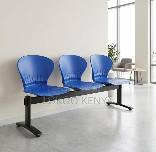 Waiting Bench; Metal Frame-Blue 3 Link Plastic Waiting Bench - thumbnail 2