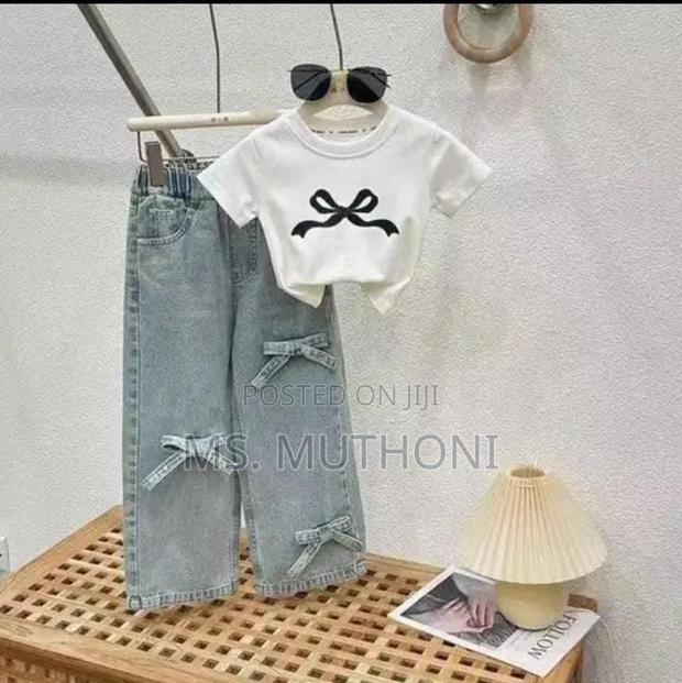 2 Pc Bow Appliques Girls Denim Sets - main view