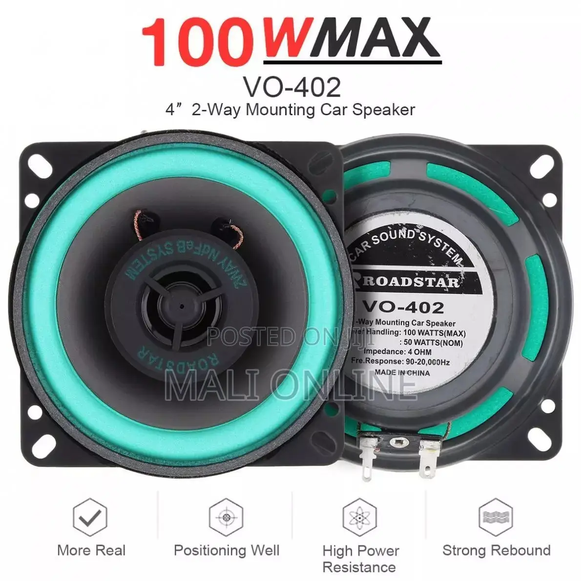 4 Inch 2 Way Car Audio Hifi Coaxial Speakers Roadstar Vo-402 100w