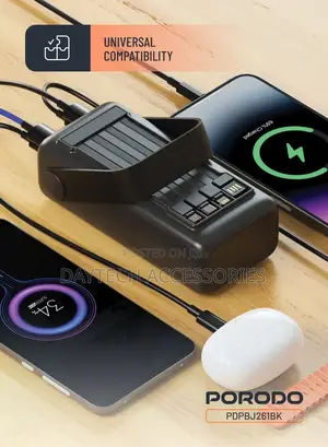 Porodo 30000mah Pd 20w Power Bank Integrated Cables, Flashlight