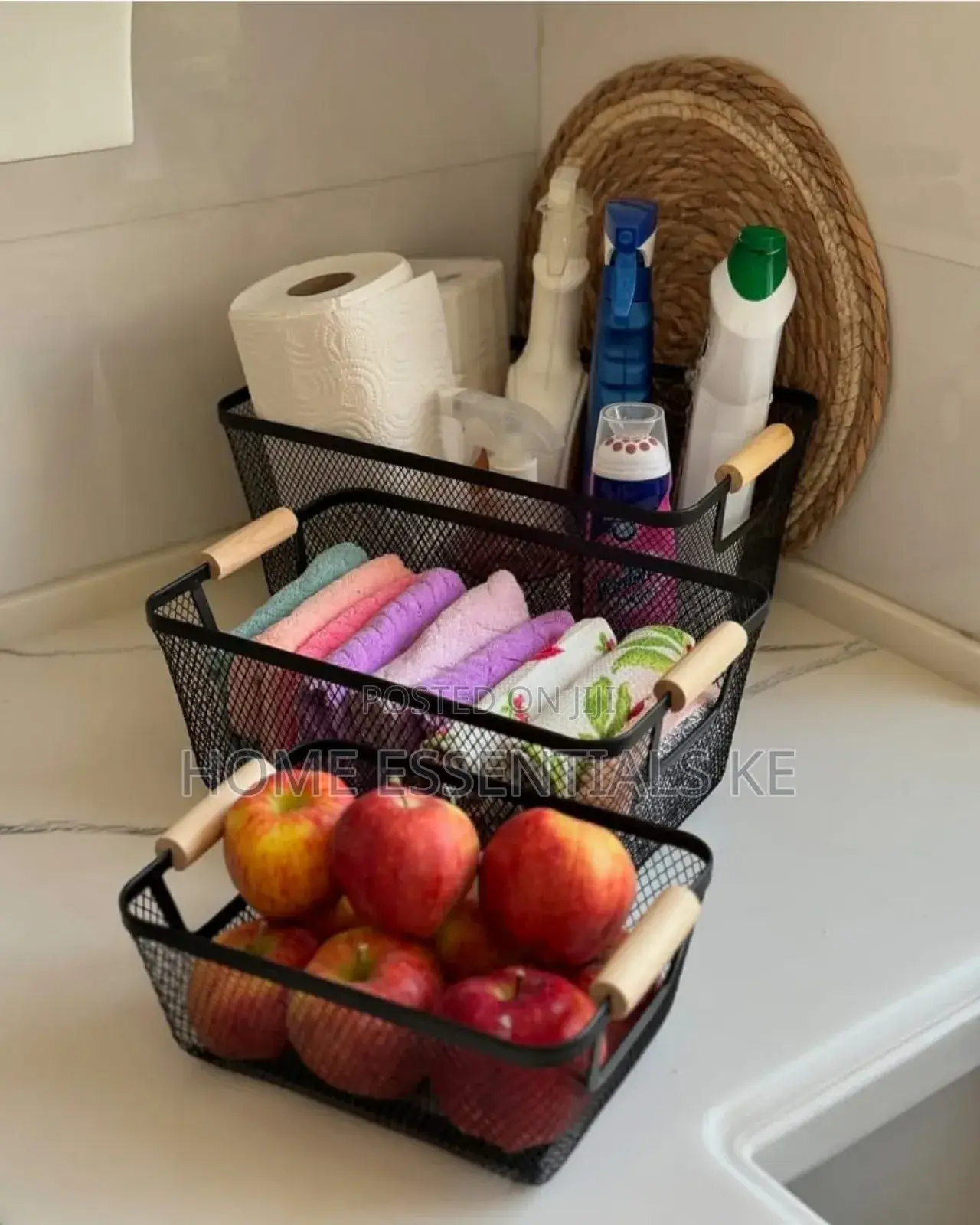 *3 PCS Set Modern Hard Plastic Storage Basket With Wooden Handles