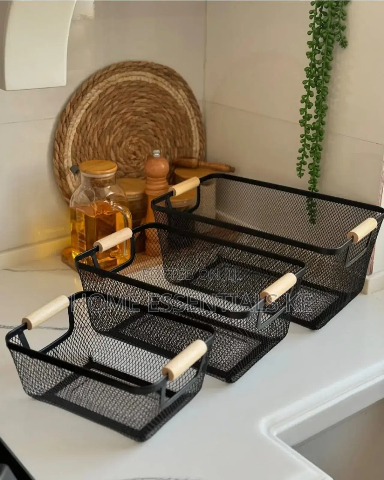 *3 PCS Set Modern Hard Plastic Storage Basket With Wooden Handles