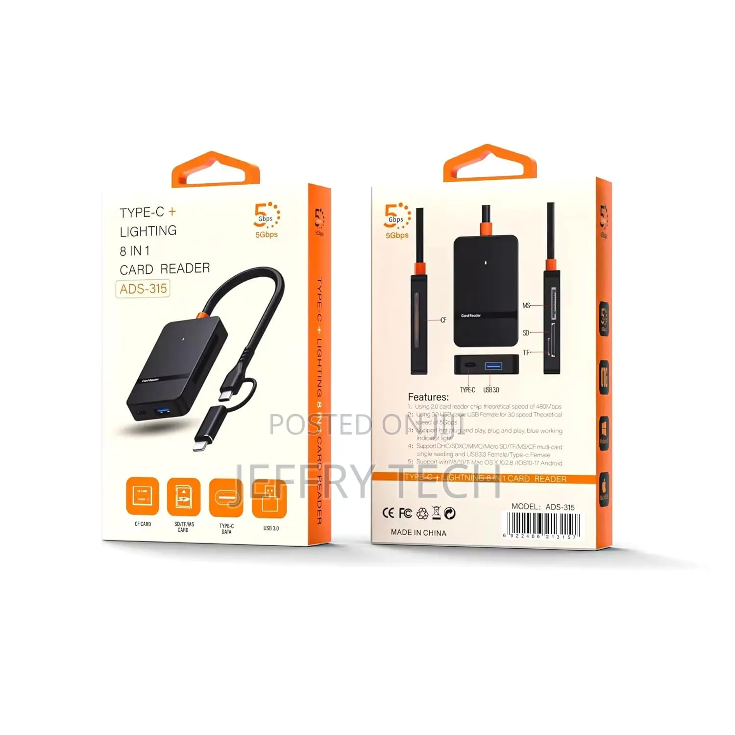 Usb Type C + Usb 3.0 8 in 1 Multi-Ports Card Reader Support Ms Cf Tf/S