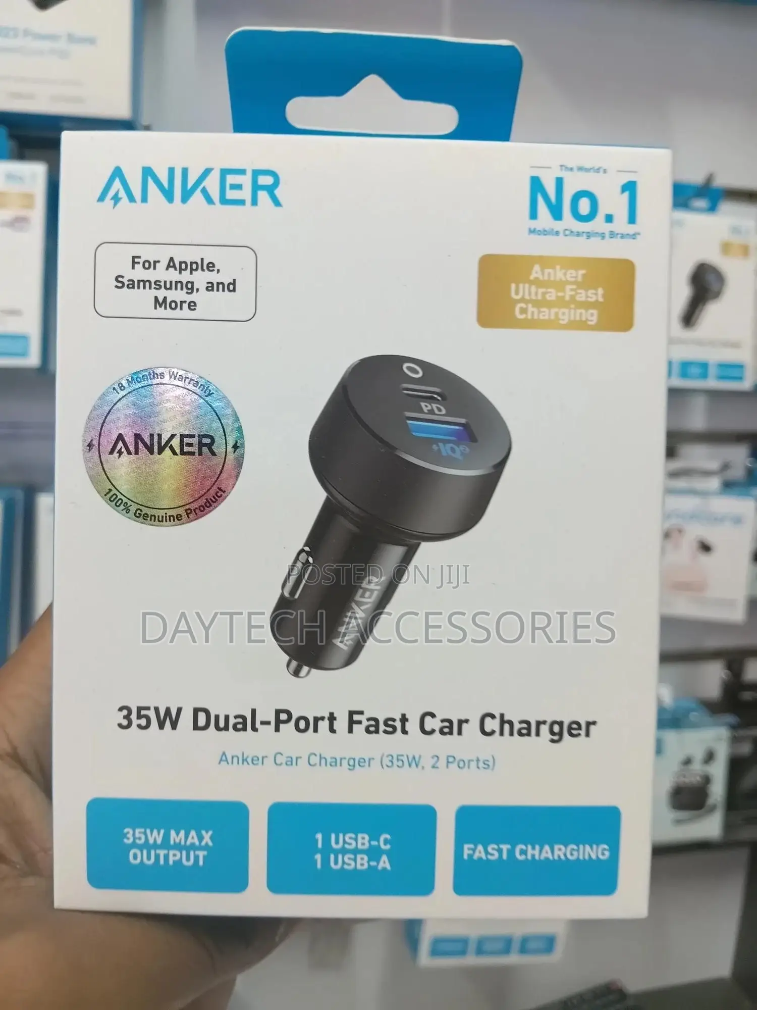An Anker Powerdrive Pd+ 2 35w Dual-Port Fast Car Charger.
