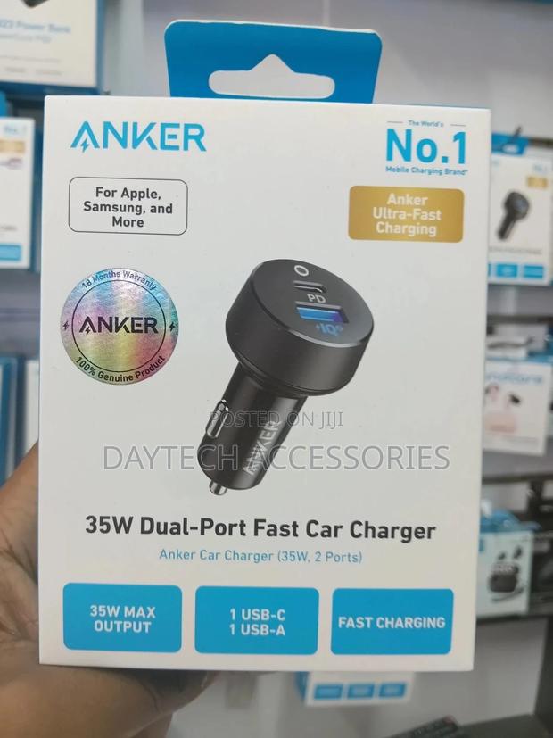 An Anker Powerdrive Pd+ 2 35w Dual-Port Fast Car Charger.