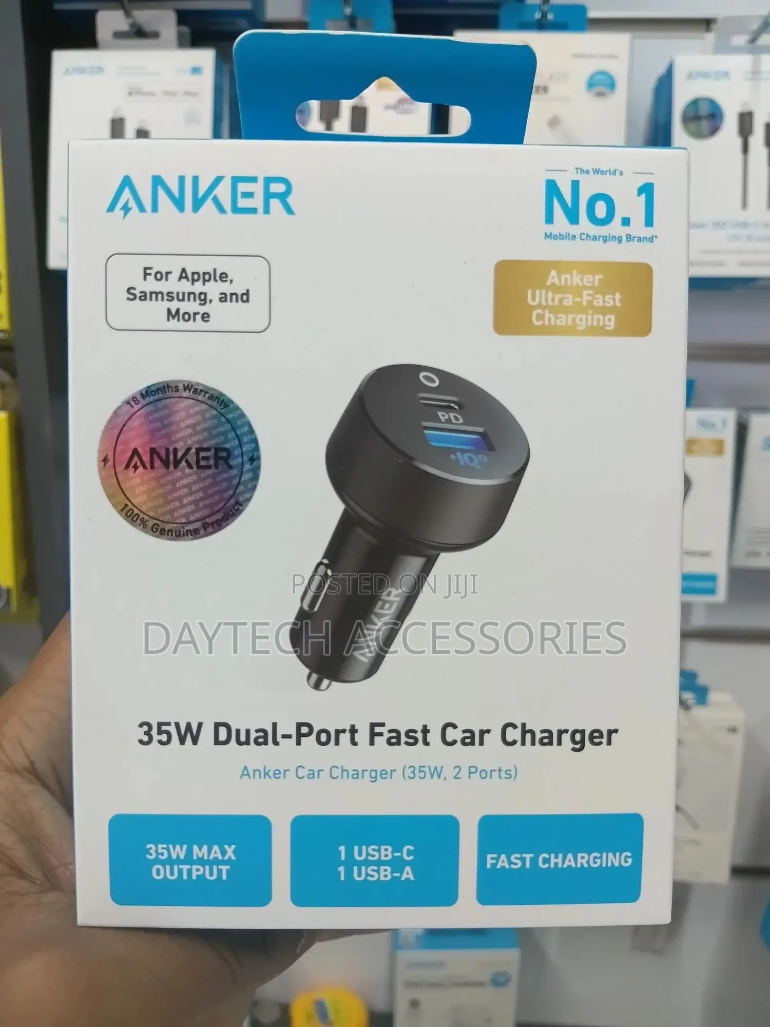 An Anker Powerdrive Pd+ 2 35w Dual-Port Fast Car Charger.