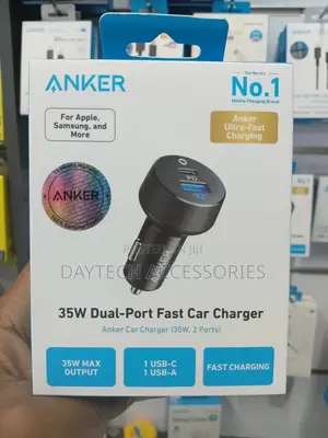 An Anker Powerdrive Pd+ 2 35w Dual-Port Fast Car Charger.