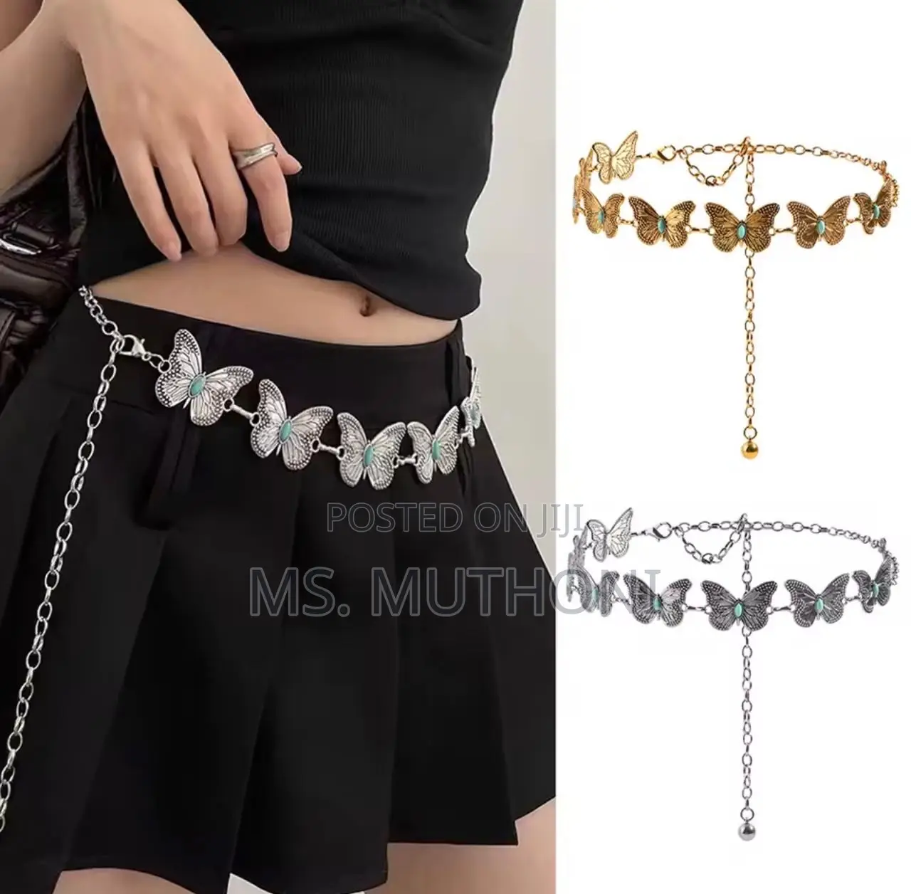 Vintage-inspired Metal Waist Chain Belt Featuring Butterfly Motifs
