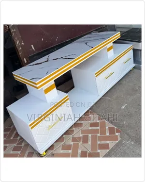 White Gold Executive Tv Stand With Marble Coating and Light