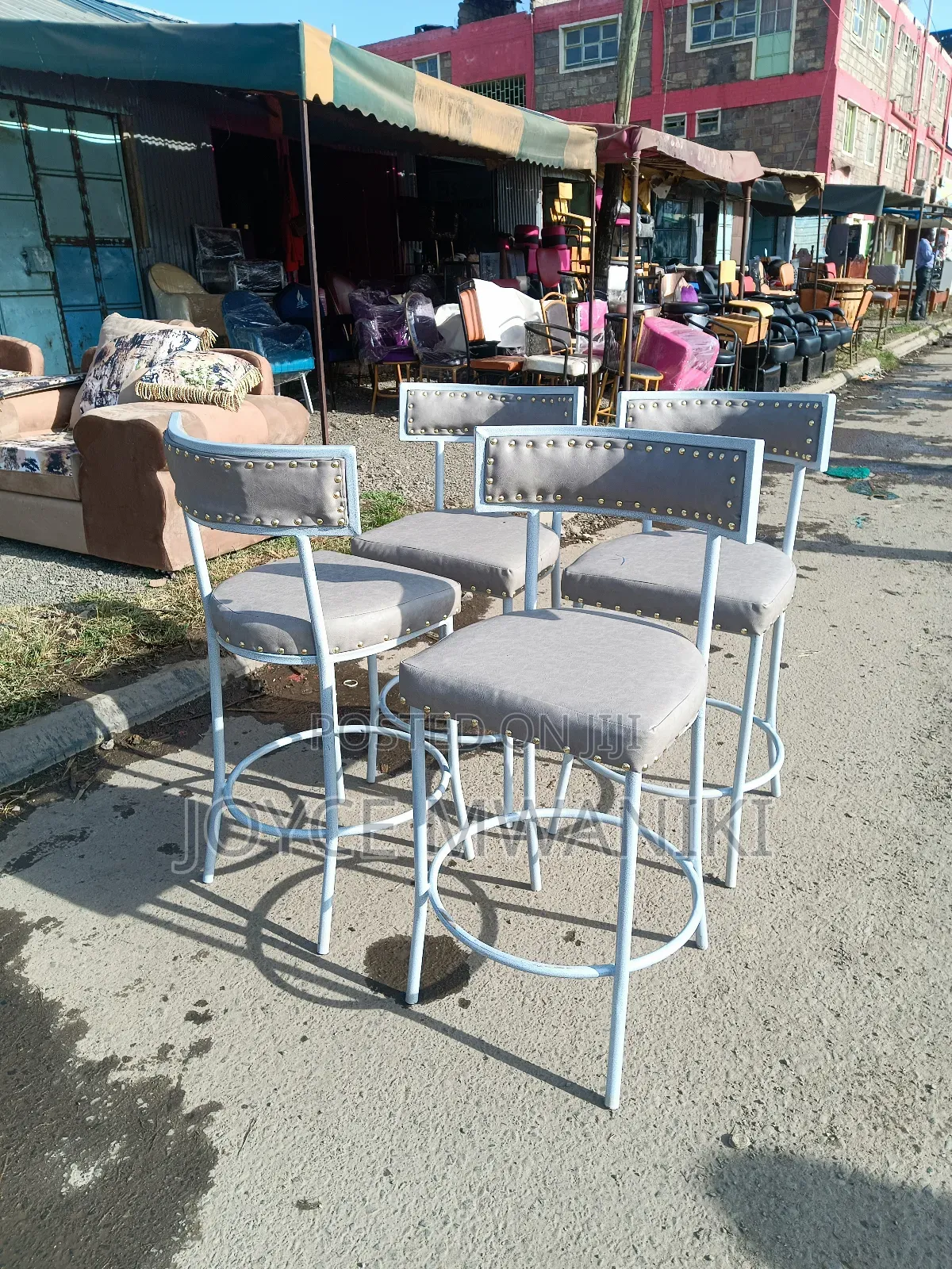 Modern Bar Chairs, Coated Frame and Grey Material 