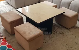 Square Coffee Table With Tiled Top and 4 Storage Stools