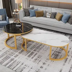 Home Table Set; Marble Table Set With Gold Metal Frame For Living Room