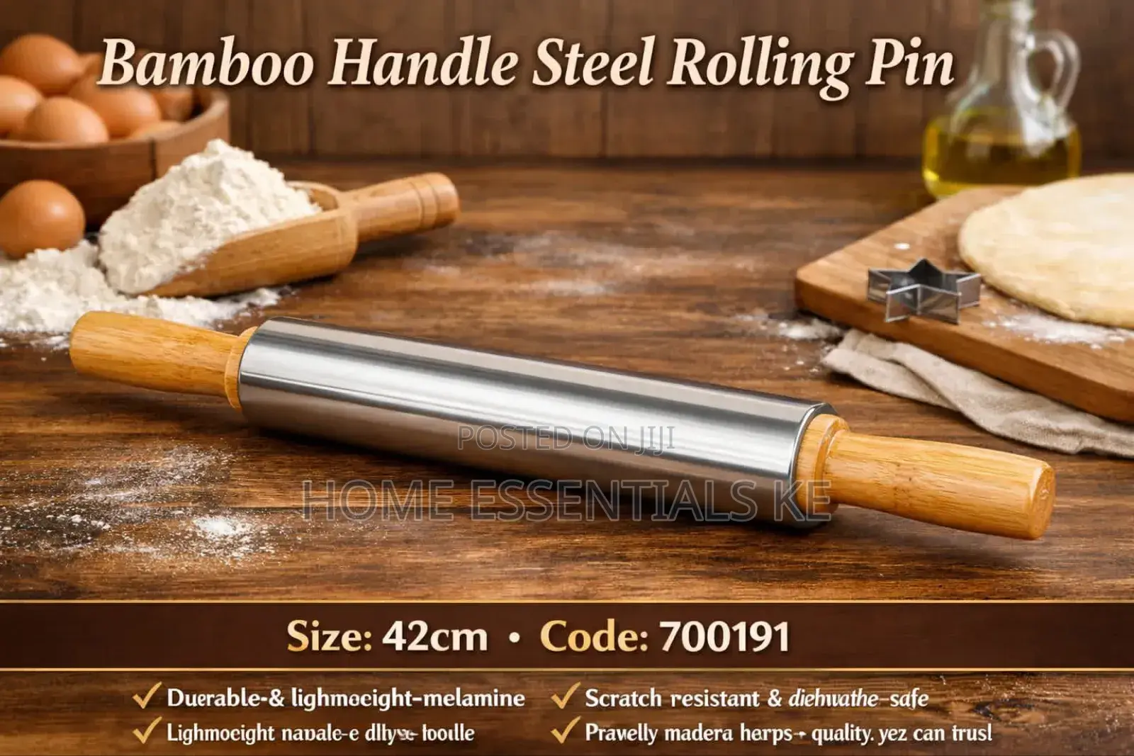 Bamboo Handle Steel Rolling Pin – 42cm