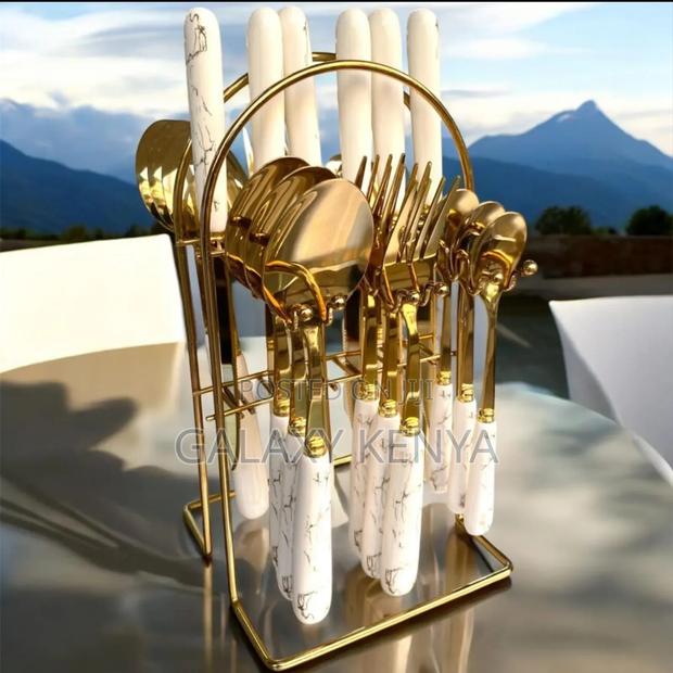 24 Pc Heavy Marble Gold Cutlery Sets - thumbnail 2