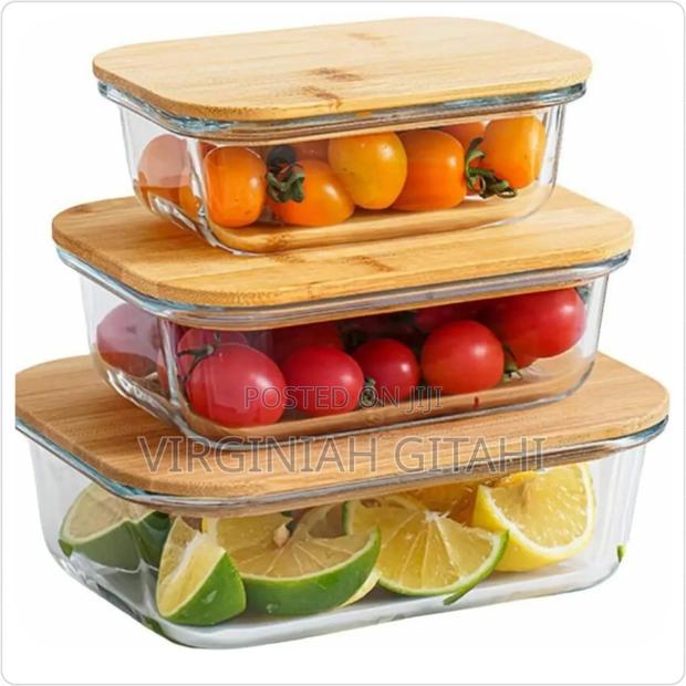 3pcs Glass Bowl Storage Containers With Bamboo Lid