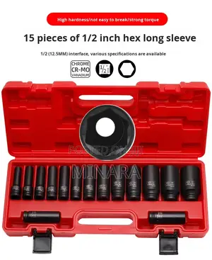 15 Pcs, 1/2'' Dr, Deep Impact Socket Set, 6 Point, Heavy Duty 10-32mm