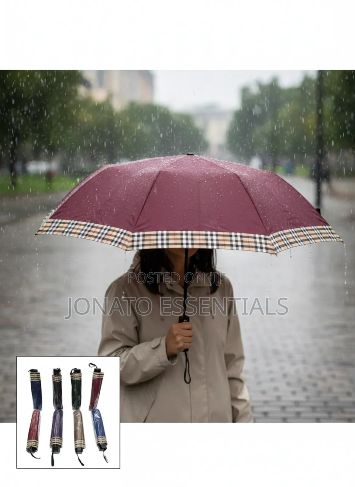 Folding Umbrella With Checkered Trim - Compact Rain Sun Protection