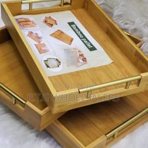 3‐Piece Bamboo Serving Plate Set With Gold Handles