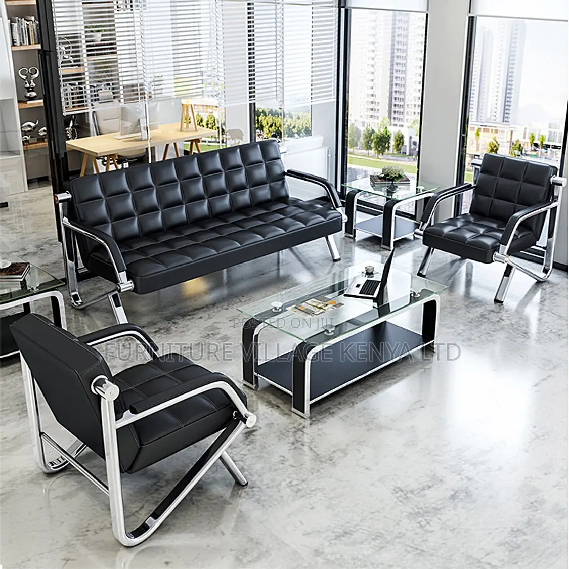 Office Sofa; Metal Frame Leather 5 Seater Reception Office Sofa