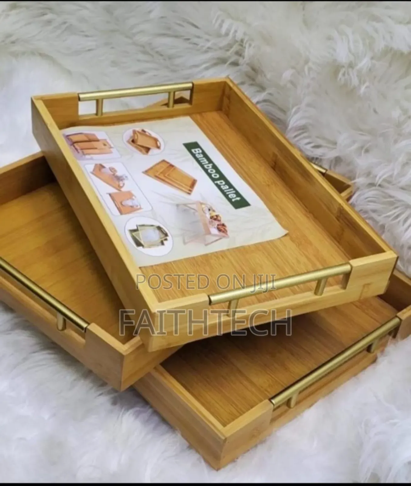 3 Pieces High Quality Gold Handle Heavy Bamboo Serving Plate