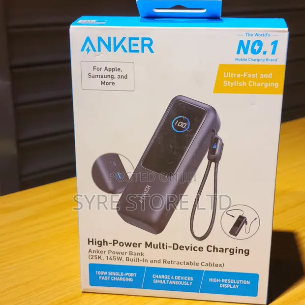 Anker Zolo Power Bank 25,000mah, 165w, Built-in Retractable Cables