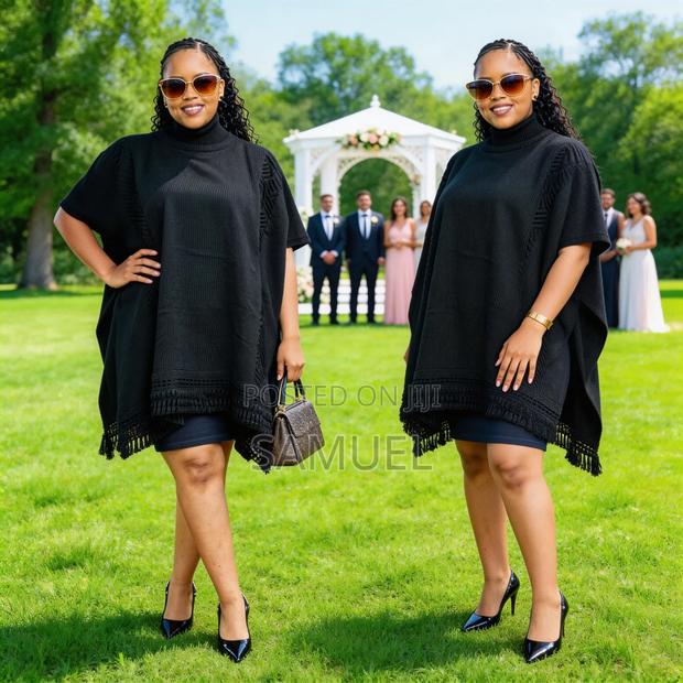 Cozy High-Neck Tassel Poncho - main view