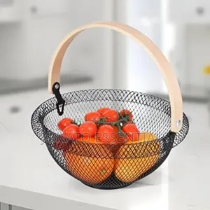Modern Mesh Fruit Basket With Wooden Handle - 29cm Round Organiser