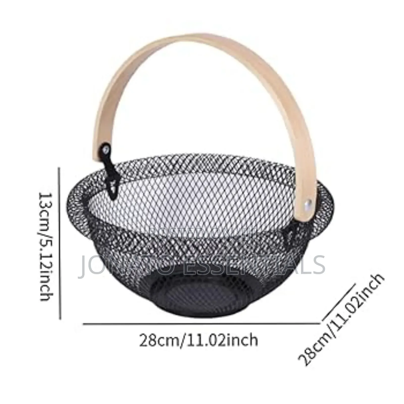 Modern Mesh Fruit Basket With Wooden Handle - 29cm Round Organiser