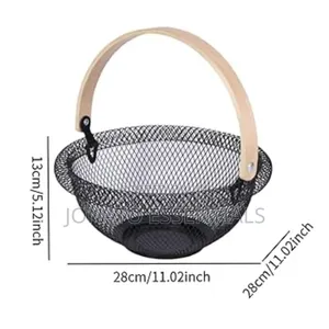 Modern Mesh Fruit Basket With Wooden Handle - 29cm Round Organiser