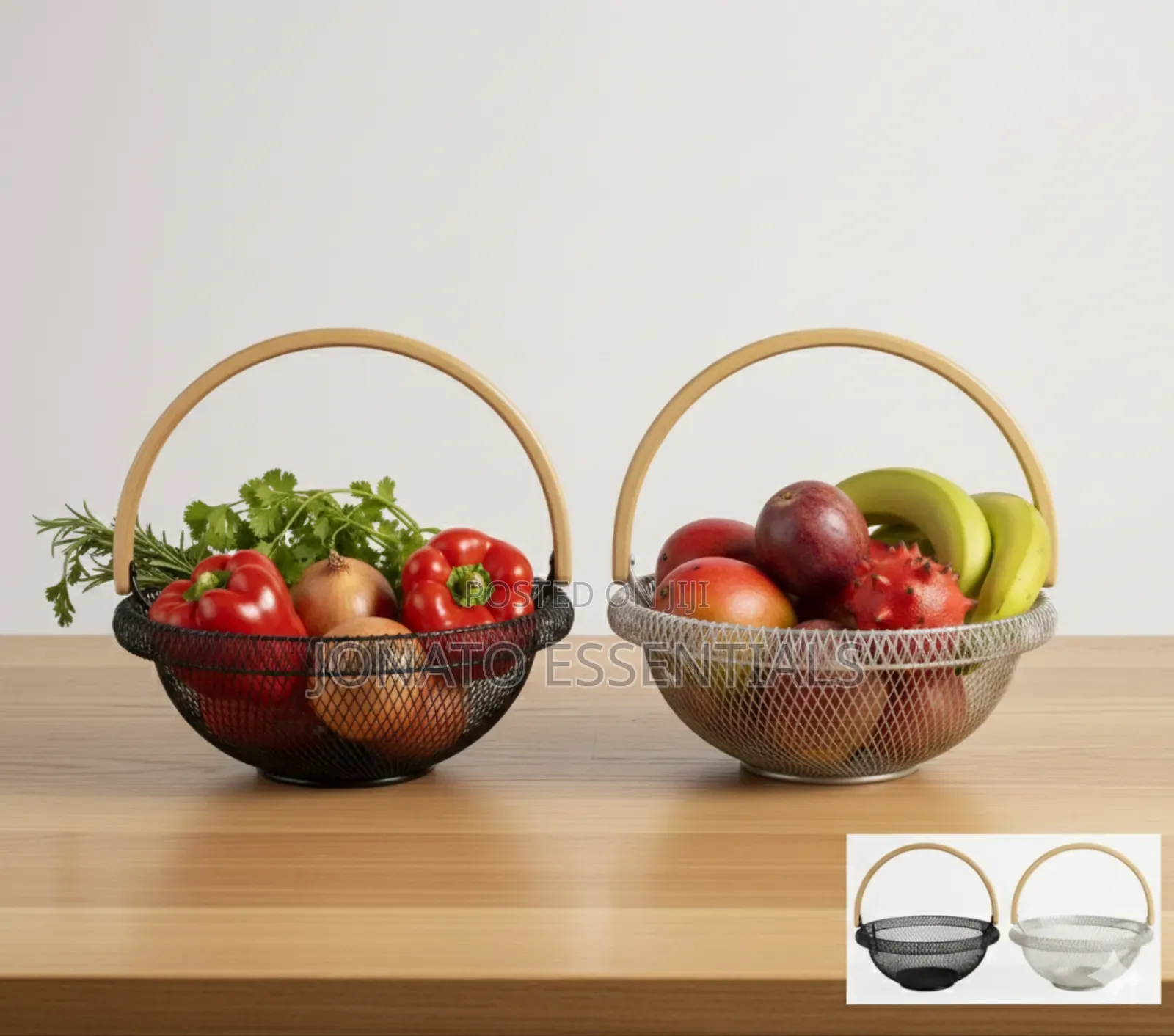 Modern Mesh Fruit Basket With Wooden Handle - 29cm Round Organiser