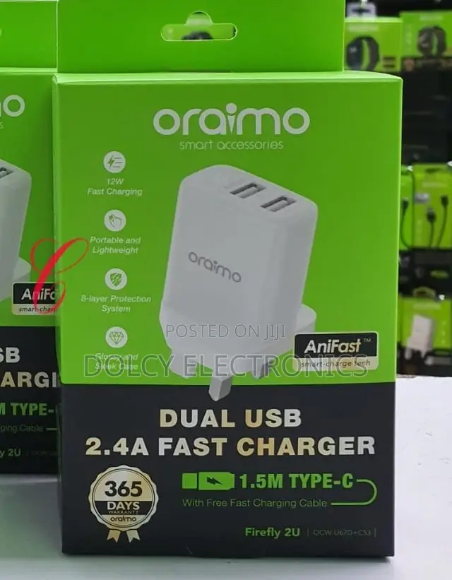 Oraimo Firefly 2u U67d+C53 Dual Usb 2.4a Type C Fast Charger