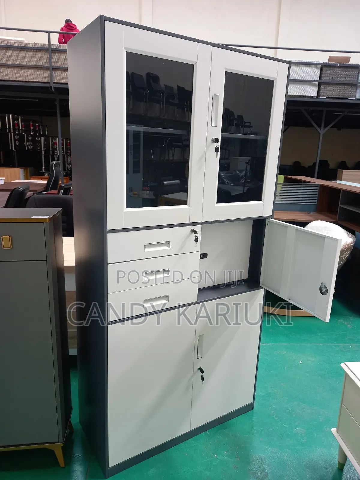 Grey and White Office File Cabinet With a Safe