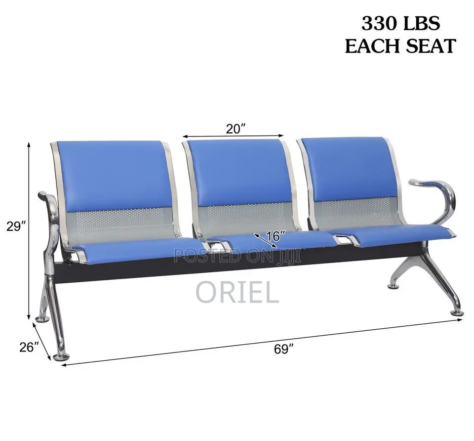 Modern Office Bench : Blue 3-Seater Public Waiting Bench