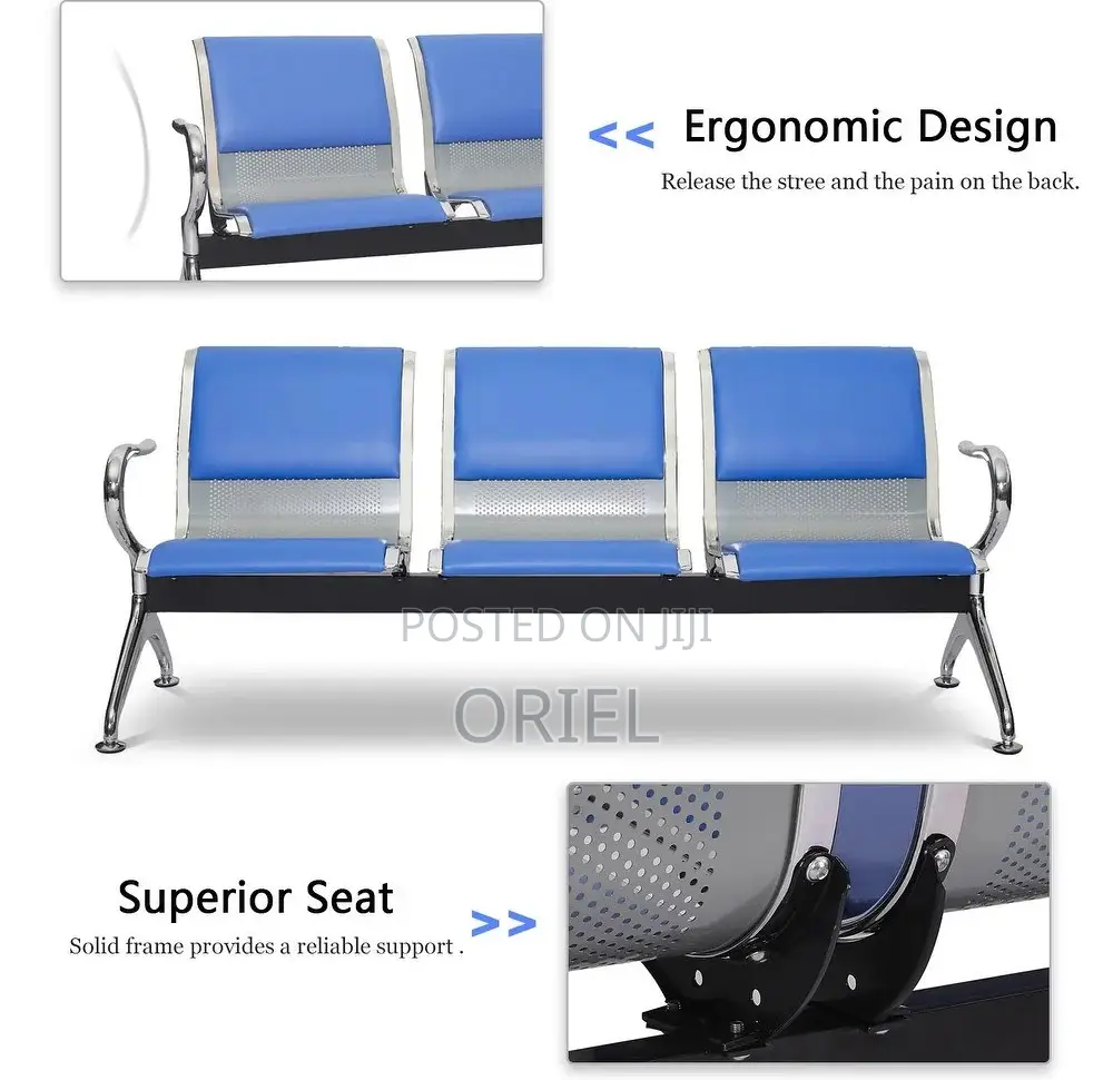 Modern Office Bench : Blue 3-Seater Public Waiting Bench