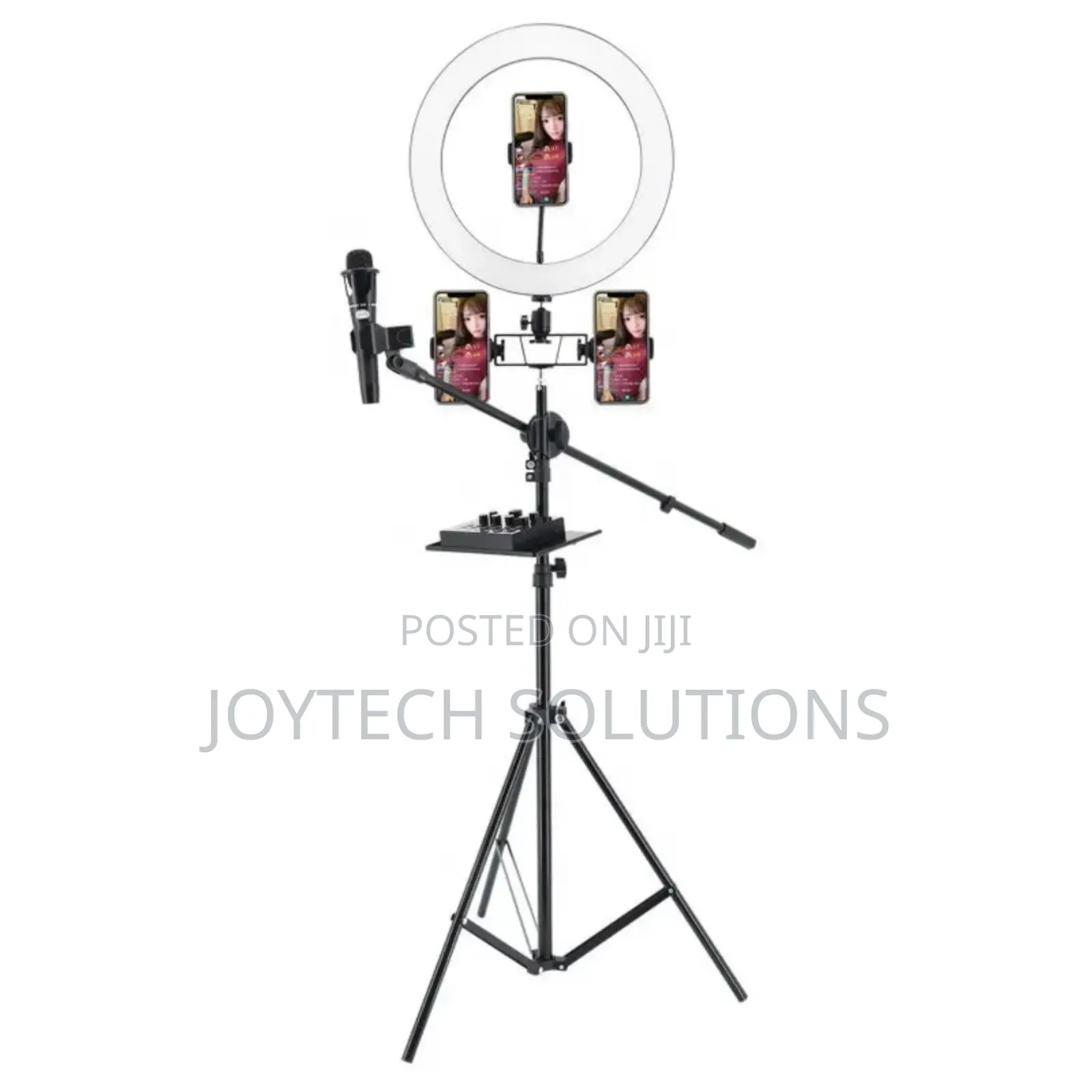 Mobile Phone Holder Stand With a Ring Light and 3 Phone Holders