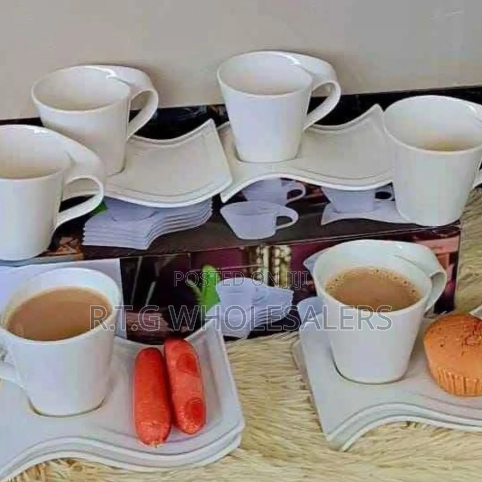 Wavy Design Milk Cups With Saucers – 6‐Piece Ceramic Beverage Set