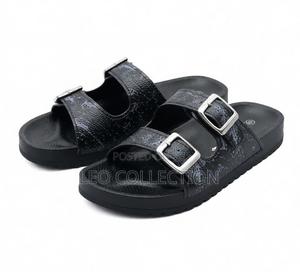 Women Black Double Buckle Flat Sandals, Adjustable Strap Open Slides . - thumbnail 2