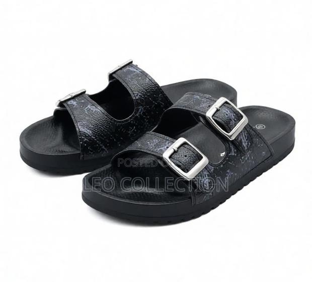 Women Black Double Buckle Flat Sandals, Adjustable Strap Open Slides . - main view