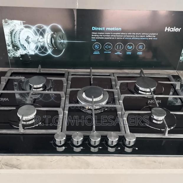 Haier Premium 5‐Burner Gas Hob Hob‐S775b – 75 Cm Black Glass