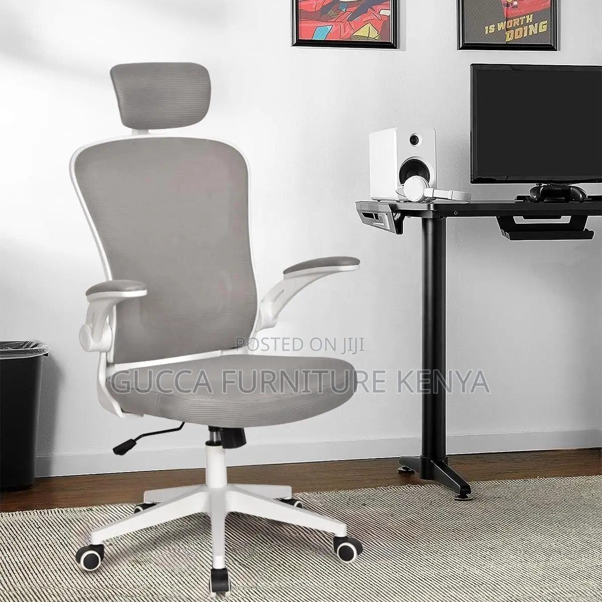 White Ergonomic Office Chair With Flip Armrest