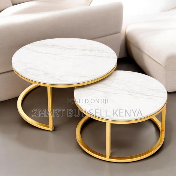 Luxury Marble Top Coffee Table Pair With Golden Circular Frames - main view