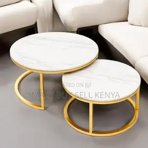 Marble- Effect Round Coffee Tables With Gold Support Base Set