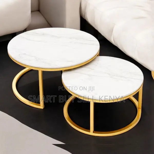 Elegant Gold Frame 2 Piece Marble Top Round Nesting Coffee Table