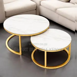 Modern Golden Metal 2 Tier Marble Top Round Coffee Table Set