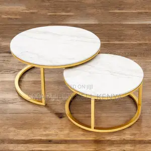 Durable Gold Steel Frame 2 Piece Marble Round Coffee Table Set