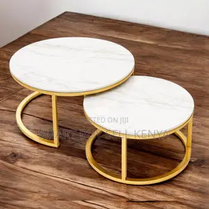 Premium Gold Finish 2 Piece Marble Top Round Coffee Tables