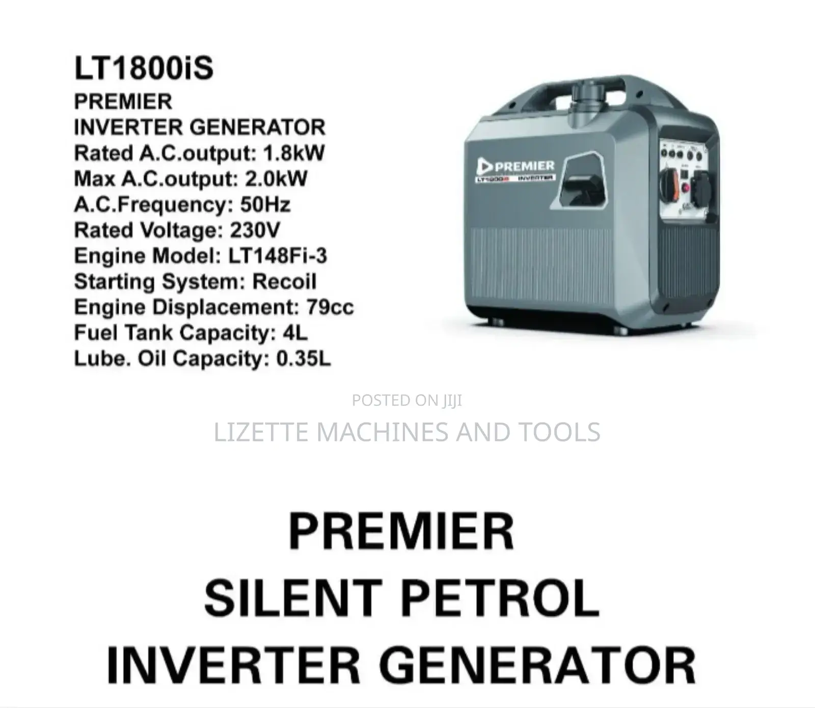 Premier 1.8kw Silent Petrol Inverter Generator Lt1800is