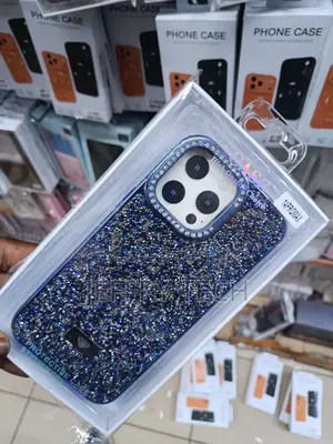 Diamond-Studded Phone Case in Blue, for the Apple iPhone 14 Pro Max.