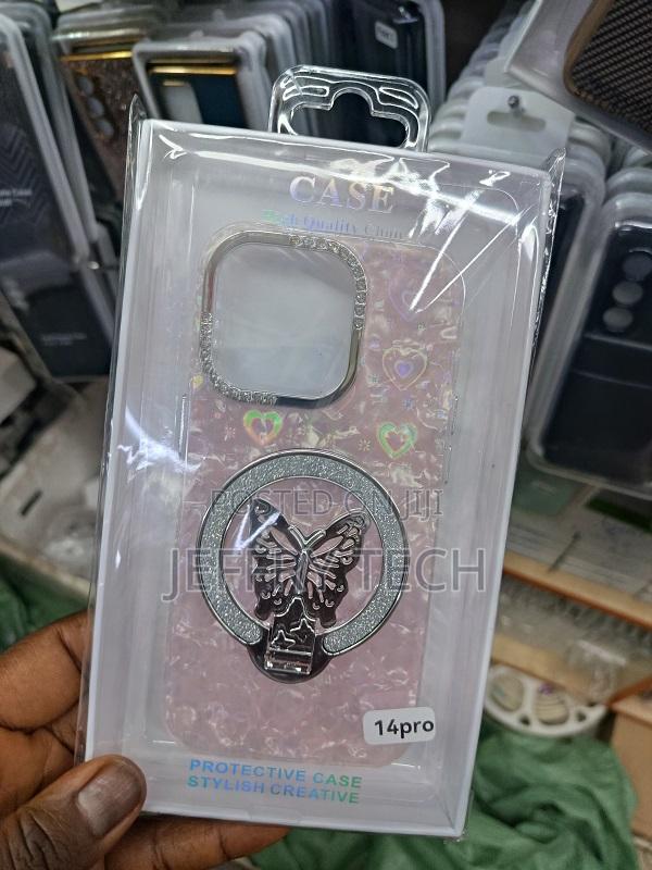 Pink Glittery Case With a Butterfly Kickstand for an iPhone 14 Pro. - main view