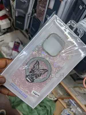 Pink Glittery Case With a Butterfly Kickstand for an iPhone 14 Pro.
